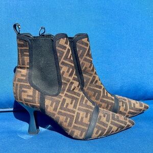 Fendi Zucca Canvas Brown Monogram Pointed Toe Ankle Booties